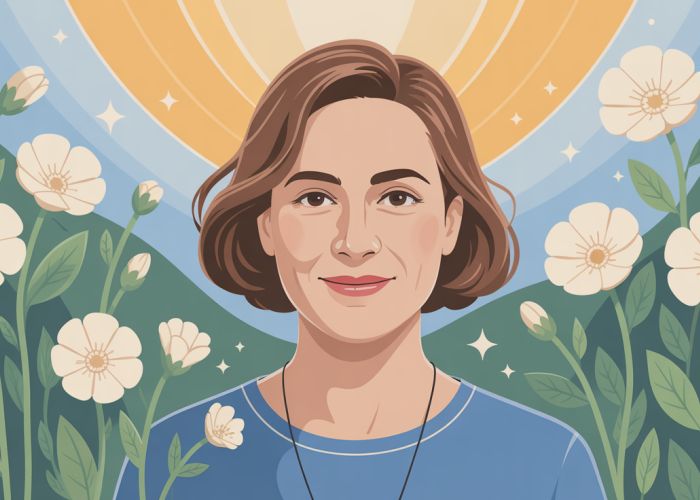 Portrait of Lorna Morella, mental health advocate and expert, surrounded by calming imagery.
