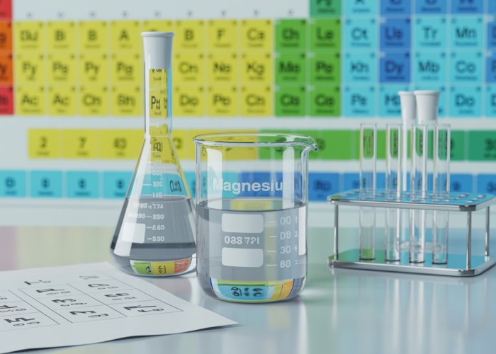 Chemical glassware and periodic table illustrating the process of determining the formula for Magnesium Fluoride.
