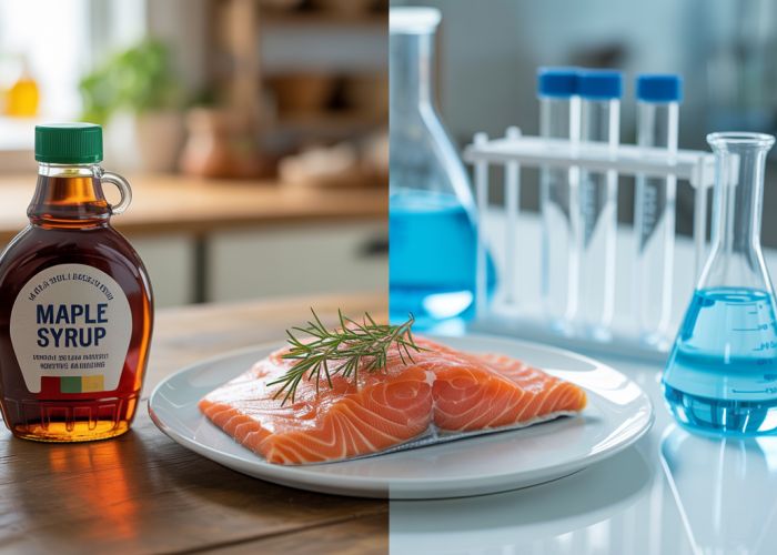 Maple syrup and salmon with laboratory equipment, representing potential food safety concerns related to salmonella bacteria.