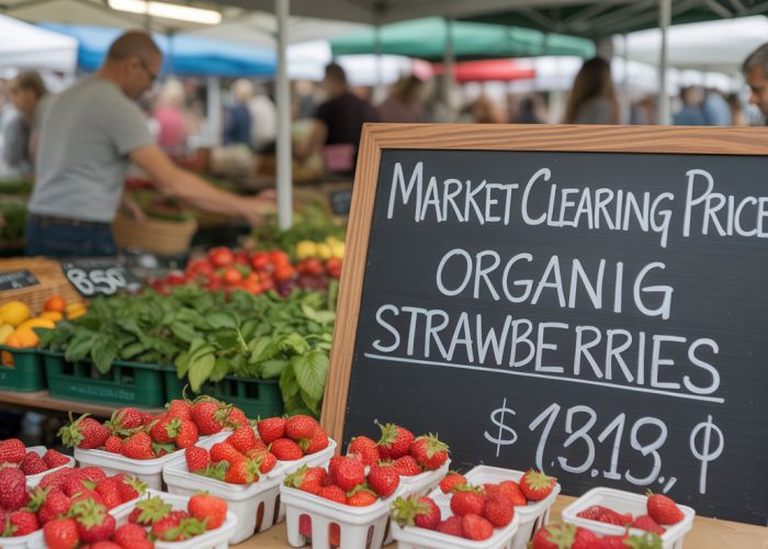 Farmers market scene with a blackboard displaying the market clearing price for organic strawberries.