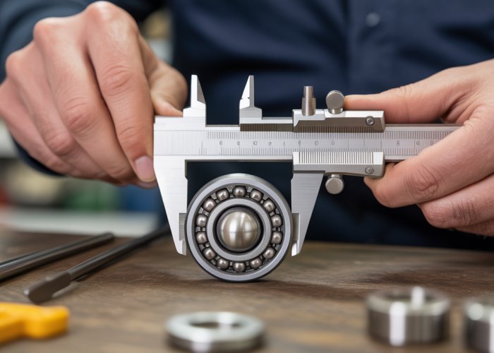 Close-up of calipers accurately measuring the diameter of a ball for calculating the radius.
