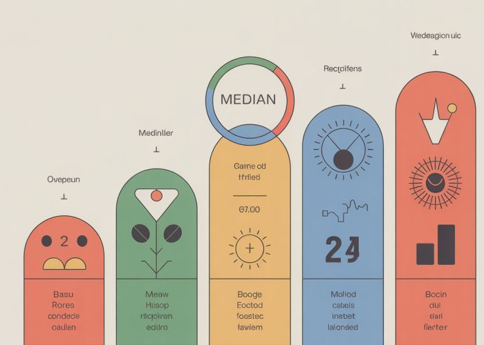 Visual representation of finding the median category in qualitative data. Categories are arranged in order, highlighting the middle category as the median.