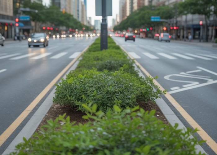 Green median strip with trees and plants on a city road, promoting urban greening.