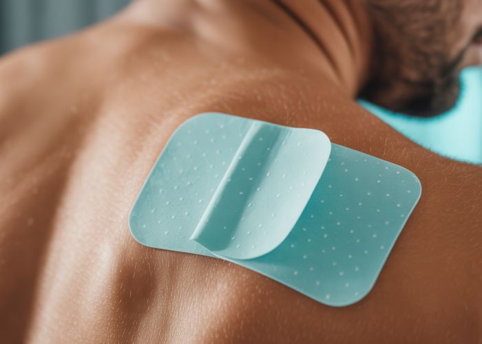 Menthol patch being applied to a sore back for pain relief.