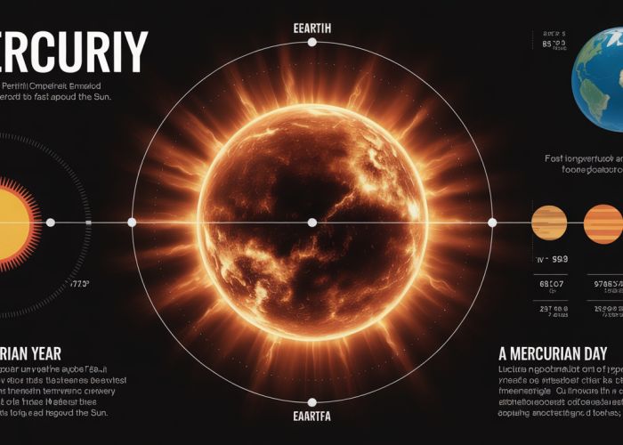 Infographic comparing Mercury's orbital period to Earth's, showing the extreme temperature range and illustrating how a Mercurian year is shorter than two Mercurian days.