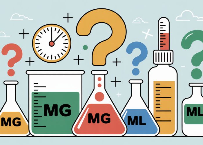 Beakers, scales, and droppers surround a question mark, representing a quiz on milligrams and milliliters conversions.