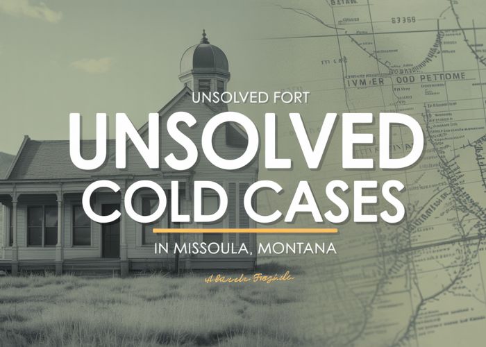 Overlaid image of faded Missoula Montana Landmark with vintage map and a question mark, symbolizing unsolved cold cases.
