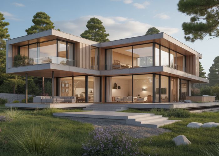 3D rendering of a modern house designed in Onshape, featuring clean lines and sustainable materials.