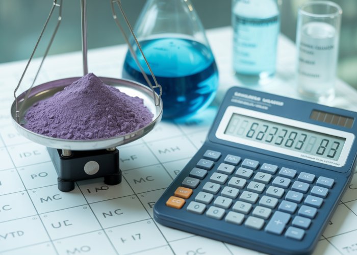 Molar mass of manganese shown with manganese powder on a balance and calculation on a calculator.
