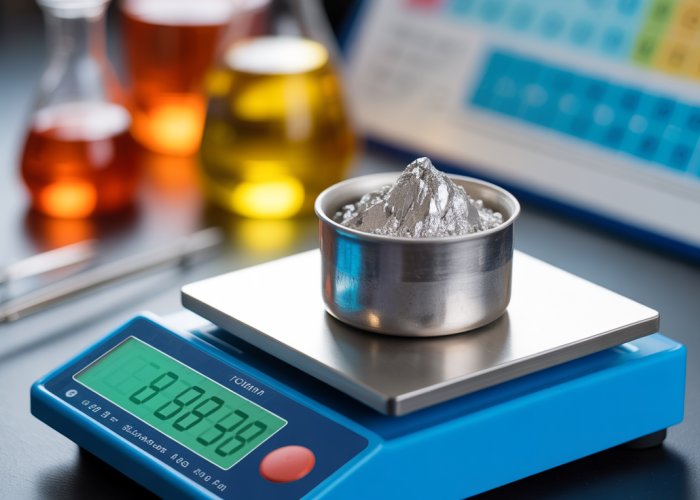 Metallic tin powder being weighed in a crucible to determine its molar mass.