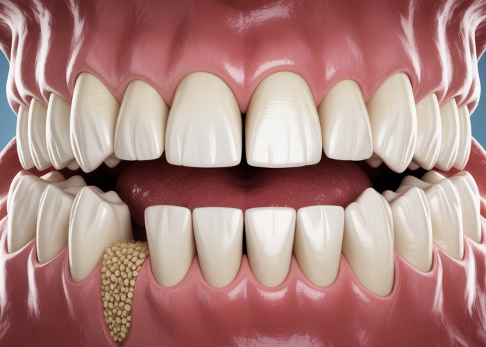 Close-up of molar teeth grinding food during chewing. Shows the broad, flat surfaces and cusps of molars.