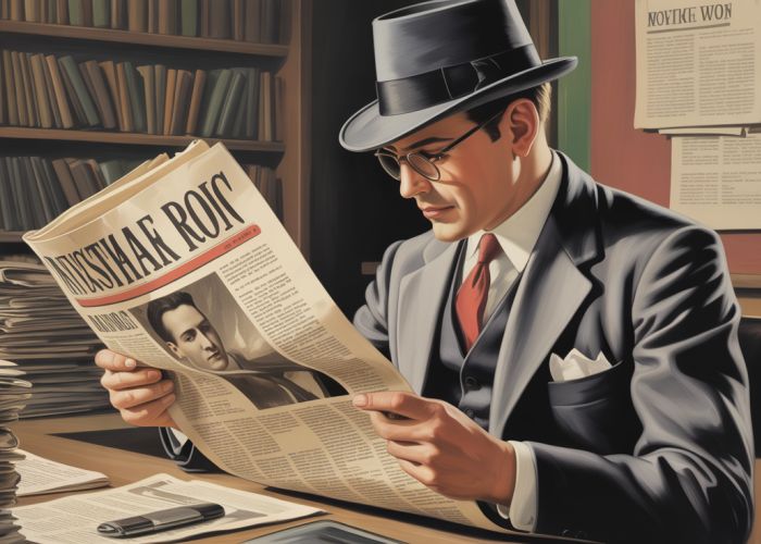 Image of a newspaper editor in the early 1900s reading investigative reports, symbolizing muckraking journalism and social reform.