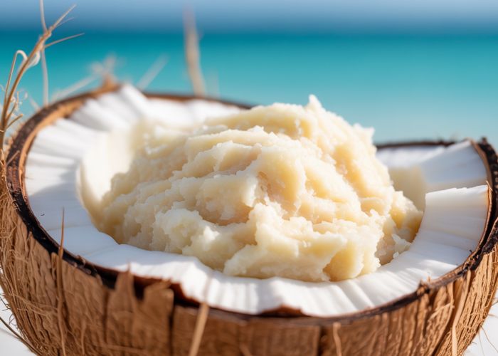 Close-up of mushy coconut flesh texture, indicating spoilage.