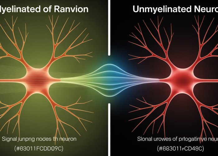 Illustration comparing the speed of electrical signals in myelinated and unmyelinated nerve fibers. Myelinated fibers show faster transmission via saltatory conduction at the Nodes of Ranvier.