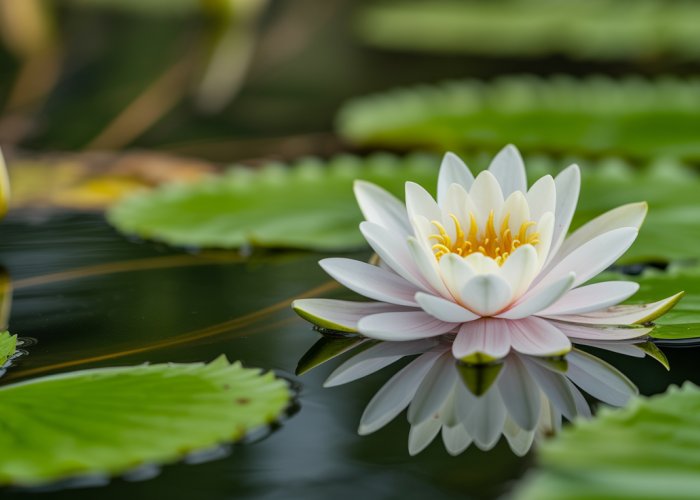 White water lily (Shapla), the national flower of Bangladesh, floating on a pond.