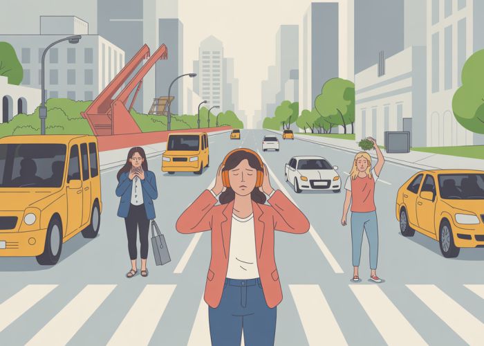 People navigating a noisy city street with construction and traffic. Some wear headphones; others seem stressed by the noise. In the distance, a park offers a visual contrast.
