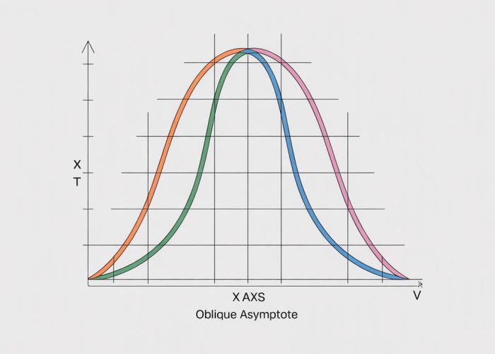 Graph of a rational function with an oblique asymptote. The function is a blue line, and the oblique asymptote is a dashed red line.