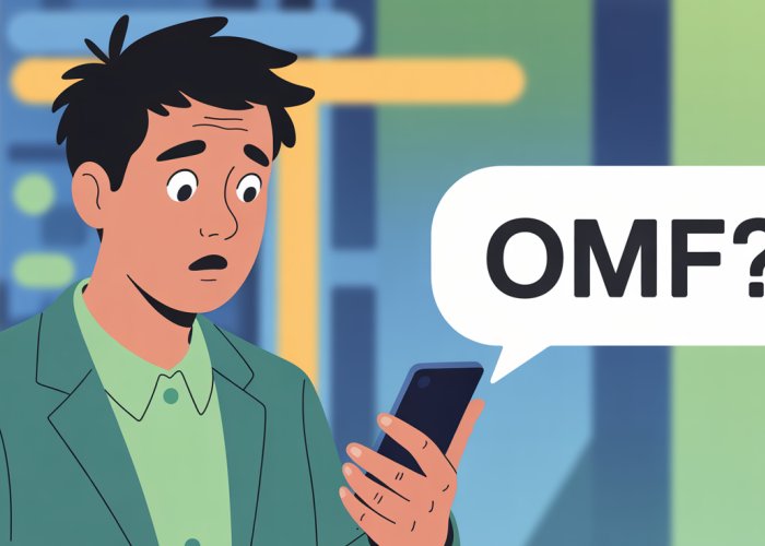 Confused person looking at phone screen with 'OMF?' text bubble.