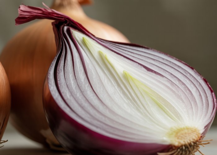 Close-up of sliced onion layers, highlighting the source of its pungent smell.