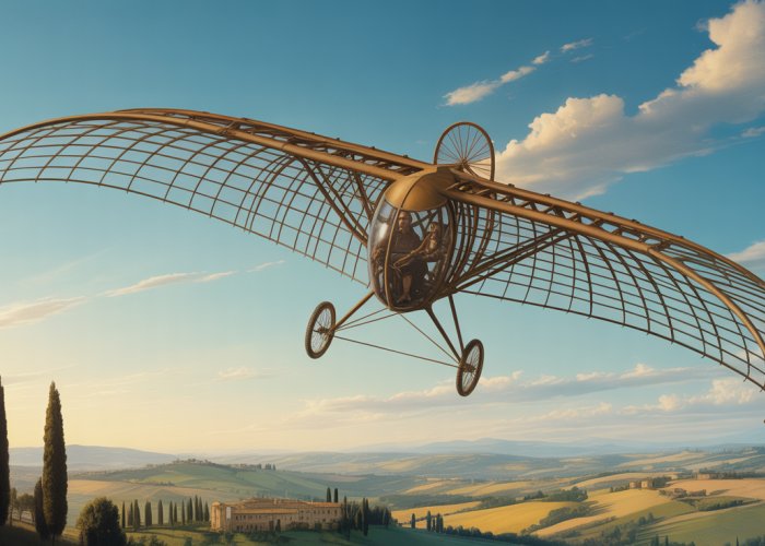 Leonardo da Vinci's ornithopter flying over Italy, a testament to Renaissance engineering.