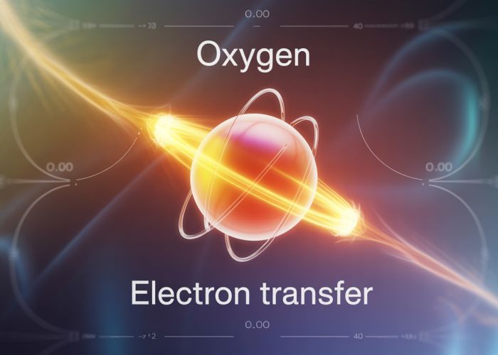 Diagram of oxygen ionization process showing electron gain and negative charge.
