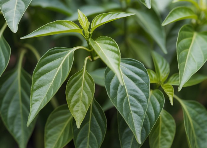 Variety of pepper plant leaves showing different shapes and textures.