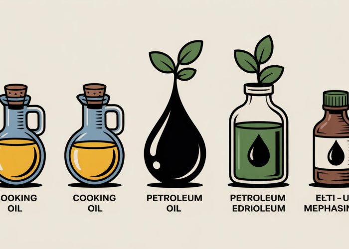 Infographic comparing the chemical composition of cooking oils (like olive oil, coconut oil) with petroleum oil, highlighting the absence of petroleum in edible oils and medications.