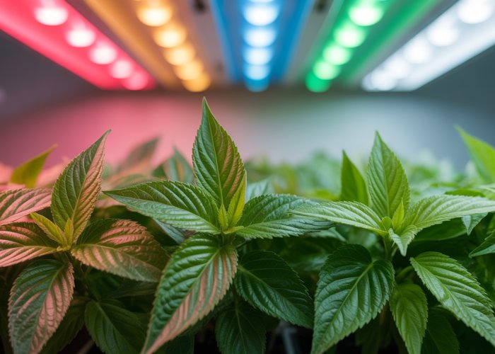 Close-up of green leaves growing under red, blue, green, and white LED lights, illustrating a photosynthesis experiment on the impact of light color.