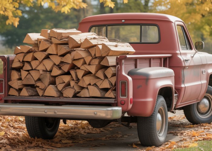 Classic pick up truck bed overflowing with firewood in an autumnal setting.