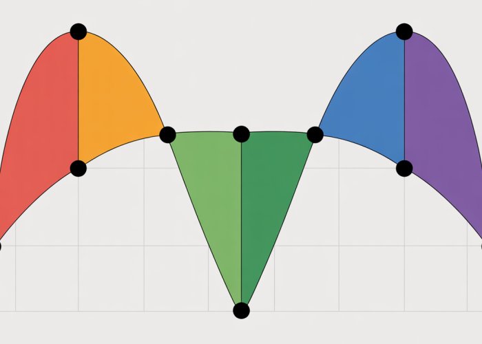 Colorful graph of a piecewise function created using Desmos, showing different segments and points of discontinuity.