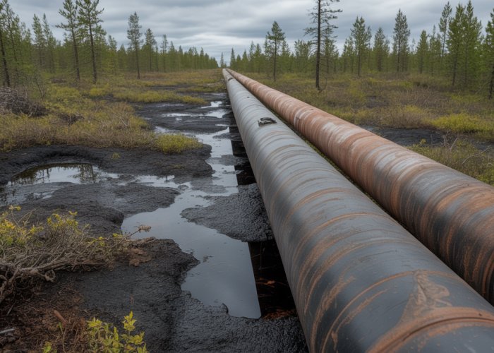 Image showing environmental damage from a pipeline leak, highlighting the disadvantages of pipeline transport.