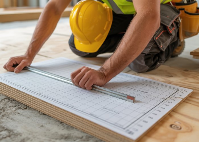 Contractor consults plywood subfloor thickness chart at construction site.