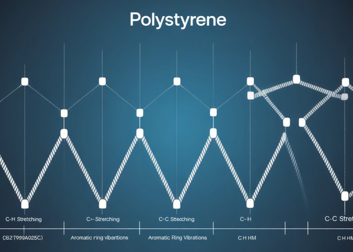 Infrared (IR) spectrum of polystyrene, highlighting characteristic peaks associated with its molecular structure.
