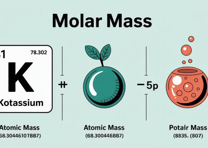 Infographic explaining how to calculate the molar mass of potassium (K) using its atomic mass.
