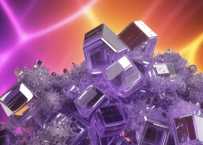 Microscopic view of potassium nitride crystals showing their metallic sheen and crystalline structure.
