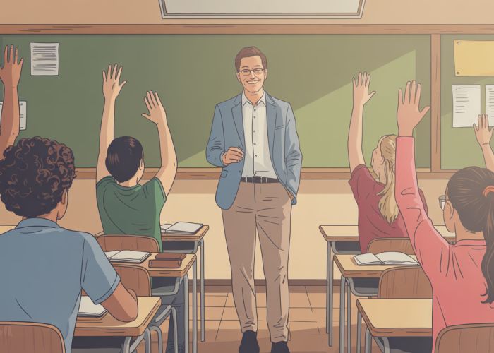 A diverse group of students actively engaged in learning in a classroom, with a teacher facilitating discussion. Depicts healthy power dynamics in education.