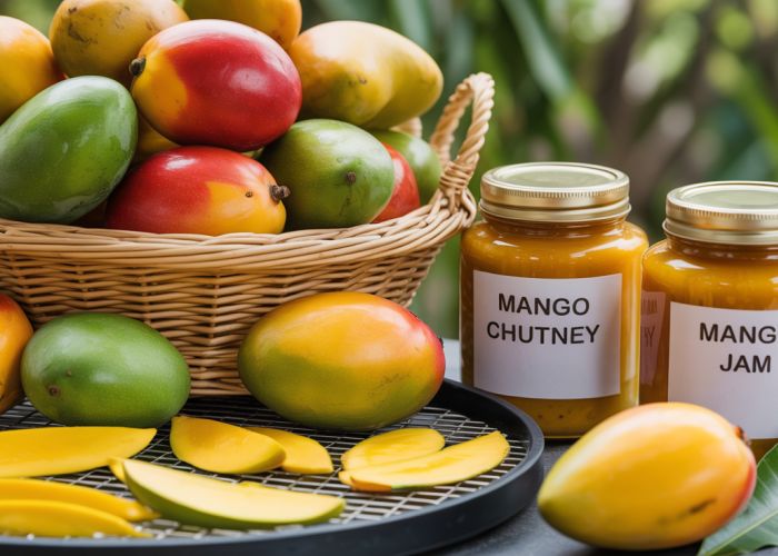 Assortment of fresh mangoes and homemade mango preserves like chutney and jam.
