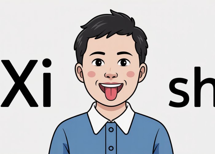 Close-up view of a mouth pronouncing the Mandarin Chinese word 'Xi', with diagrams showing proper tongue placement.