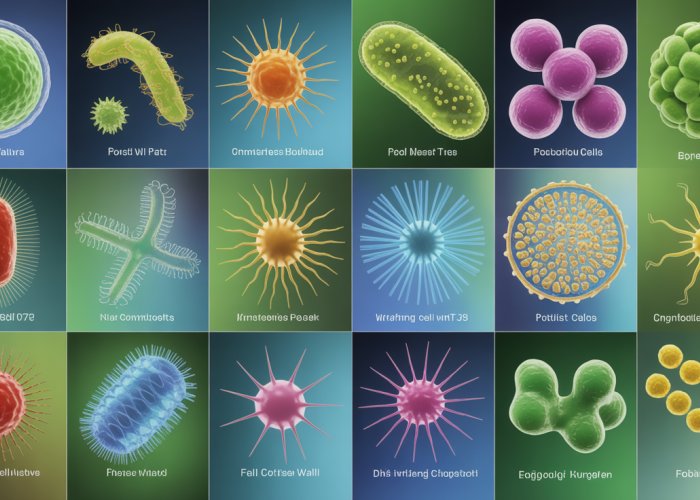 Microscopic view showcasing the varied cell wall structures in different types of Protista, including cellulose, silica, and protein-based walls.