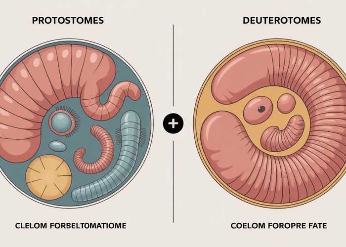 Illustration comparing protostome and deuterostome development focusing on cleavage, coelom formation, and blastopore fate.