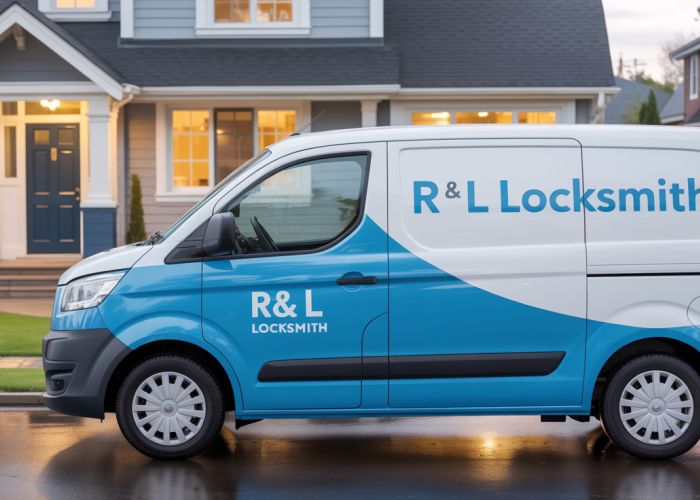 R & L Locksmith van parked in front of a residential home, providing locksmith services.