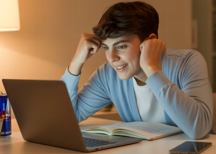 Young person studying late with Red Bull, illustrating the energy boost from the drink.