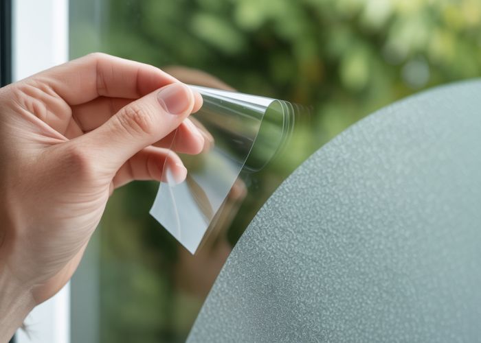 Removing frosted glass spray from window, revealing clear glass.