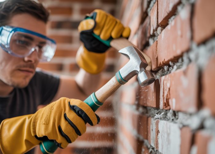Close-up of hands removing old plaster from a brick wall with a hammer and chisel, dust flying.