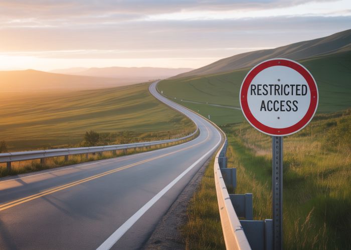 Sunset view of a restricted access highway winding through a valley, with a 'Restricted Access' sign in the foreground.