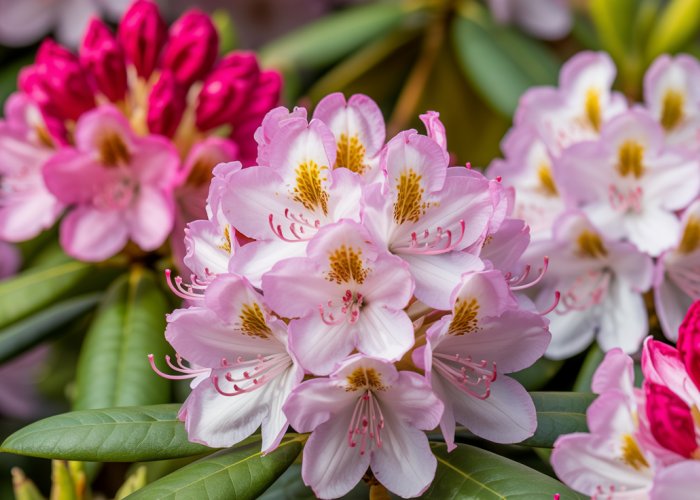 Rhododendron flowers in full bloom, showcasing a variety of colors and textures.