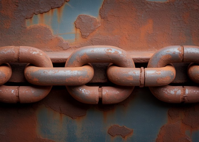 Rusty iron chain, illustrating the chemical change of iron oxidation.
