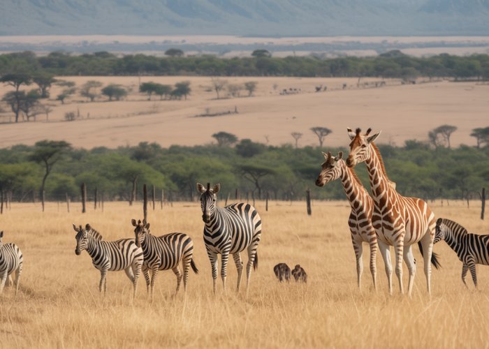 African savanna showing both wildlife and signs of human impact, highlighting the delicate balance between nature and development.