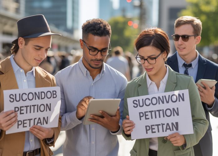 Group of people signing a petition in a public square.