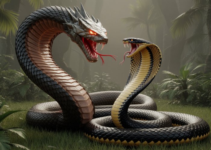 Serpent vs Snake: Epic clash between a giant serpent and a king cobra in a jungle battle.